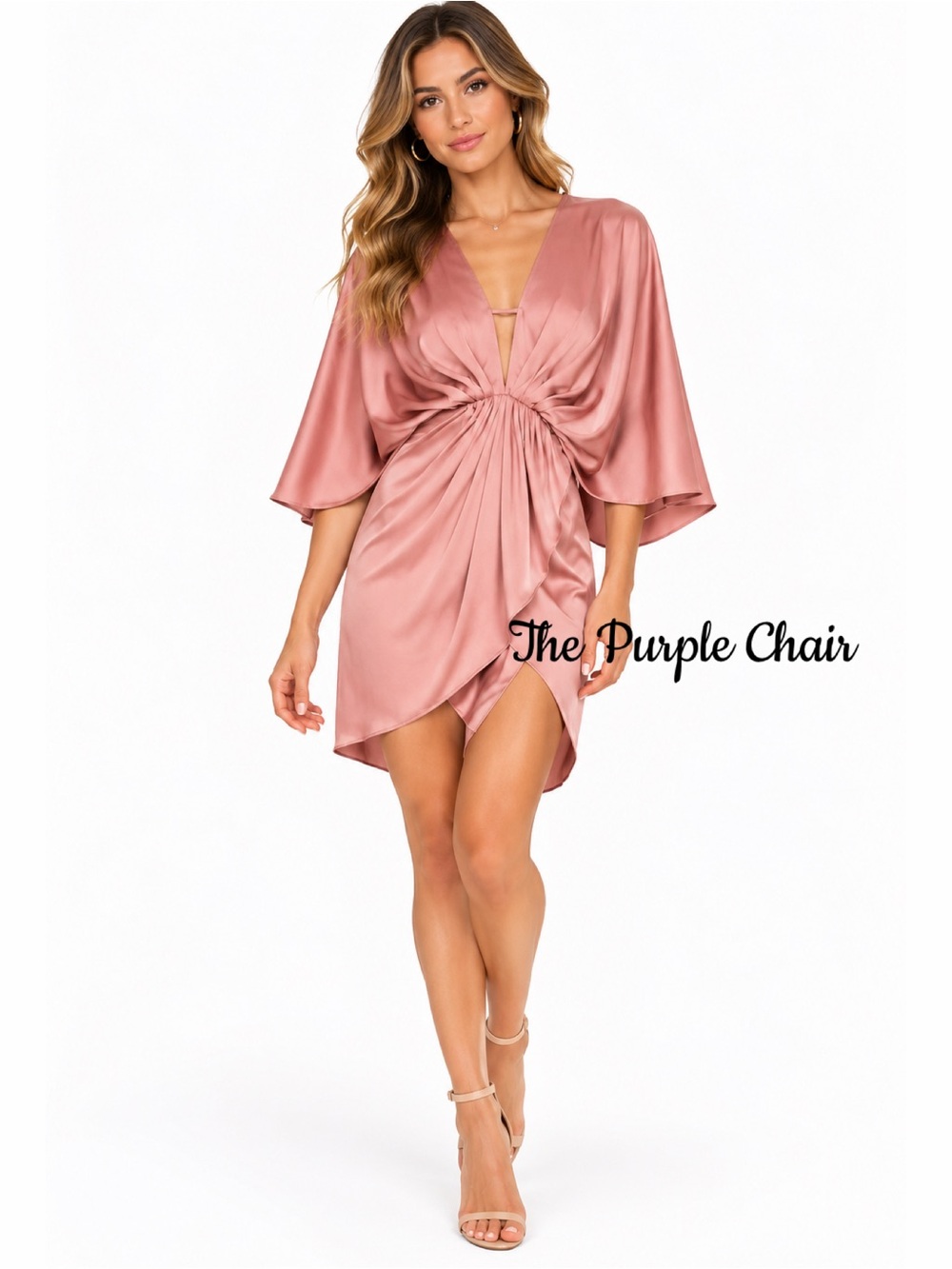 NWT Dusty Rose Dolman Sleeve Plunge Neck Faux Wrap Satin Dress M